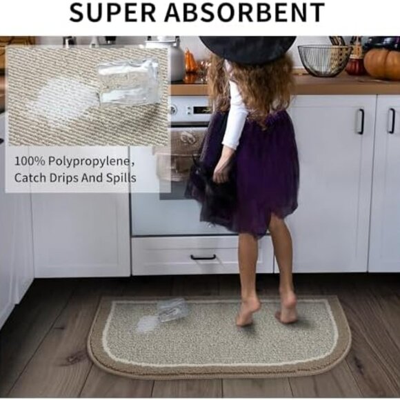 Non Slip Washable, Durable Dirt Resist Half Circle Rug Kitchen Mat 20 x 32 Beige - Picture 5 of 9